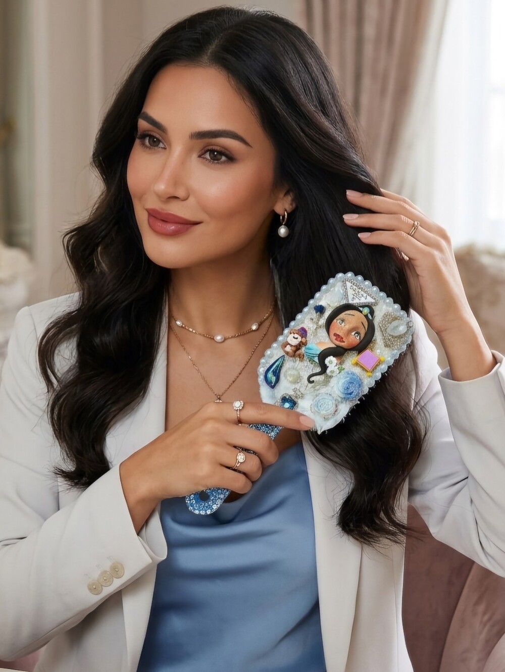 Princess Jasmin Handheld Beauty Hair Brush Embellished Decorated White Blue